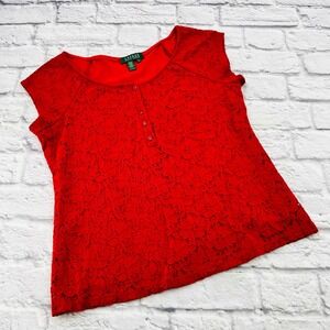 Lauren Ralph Lauren Women Red Lace Button Up Short Sleeve Shirt Size S